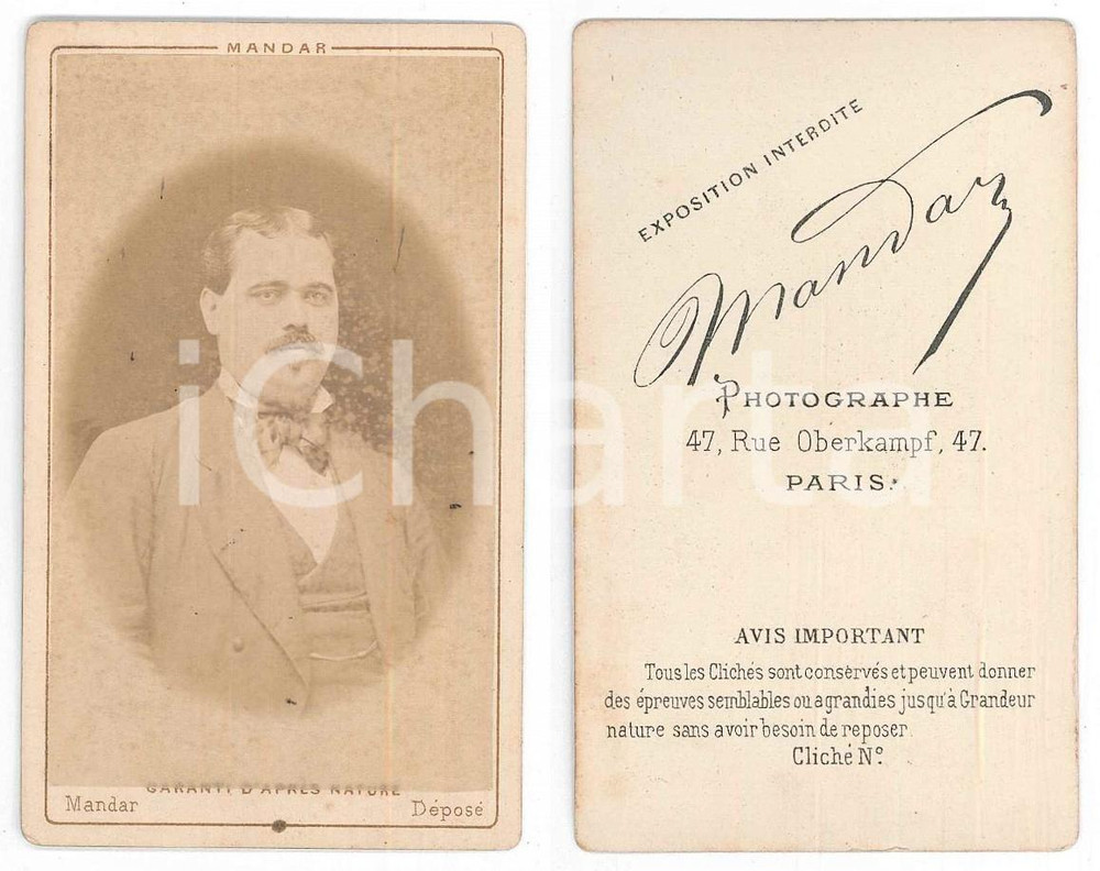 Fotografia d epoca originale 1890 ca MARSEILLE FRANCE Ritratto maschile di profilo  Foto MELCHION CDV 1