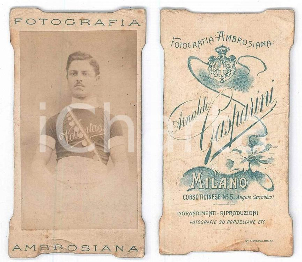 Fotografia d epoca originale 1900 ca SPORT MILANO Atleta SocietÃ  VOLUNTAS Foto AMBROSIANA RARA 5x9 cm 1