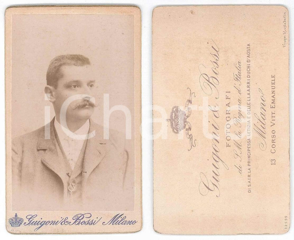 Fotografia d epoca originale 1890 ca MILANO Ritratto maschile  Busto Foto GUIGONI & BOSSI CDV 1