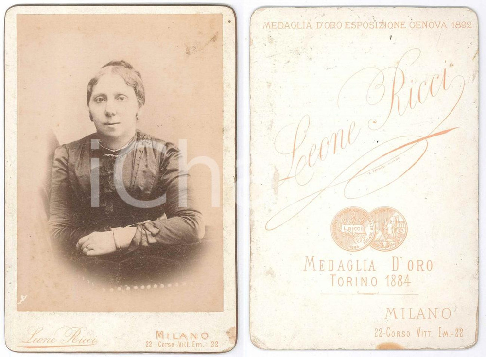 Fotografia d epoca originale 1895 ca MILANO Ritratto di donna  Busto Fotografia LEONE RICCI 11x16 1