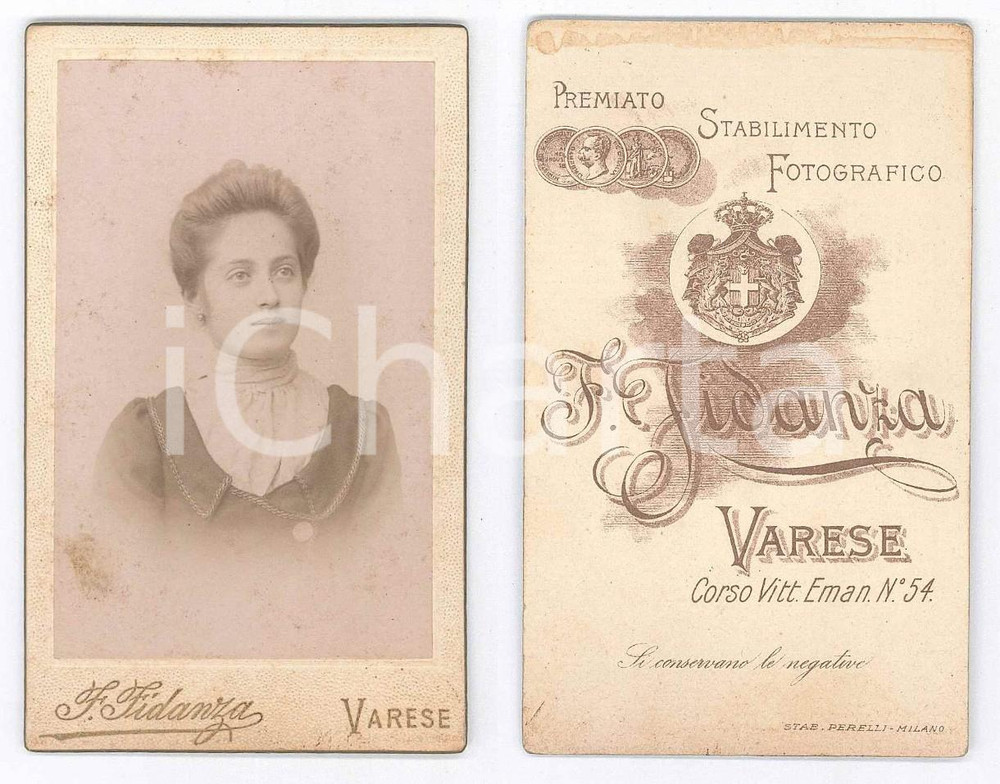 Fotografia d epoca originale 1900 ca VARESE Ritratto di giovane donna  Busto Foto Francesco FIDANZA CDV 1