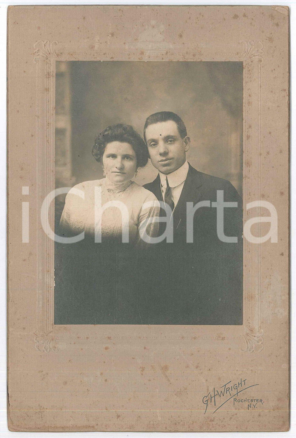 Fotografia d epoca originale 1910 ca ROCHESTER NY, USA Coppia di giovani sposi  Foto G. H. WRIGHT 15x23 cm 1