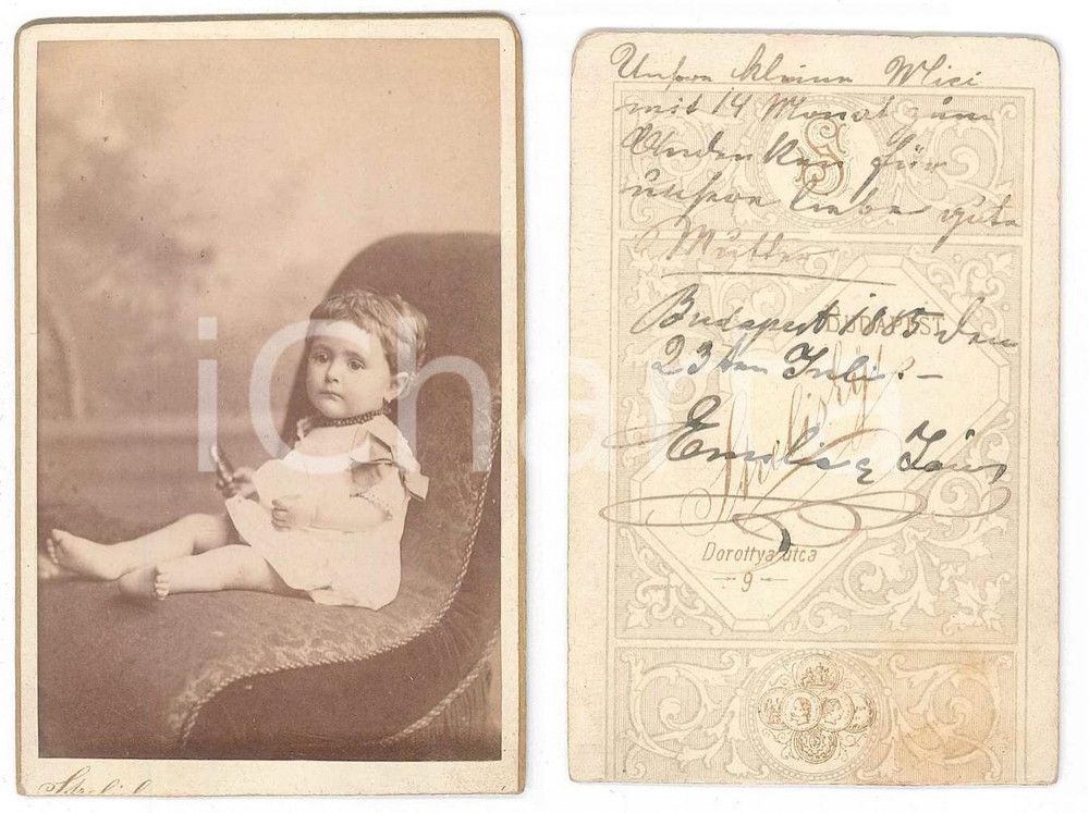 Fotografia d epoca originale 1885 BUDAPEST GUNARY Portrait of a little girl  Photo STRELISKY 6x10 cm 1