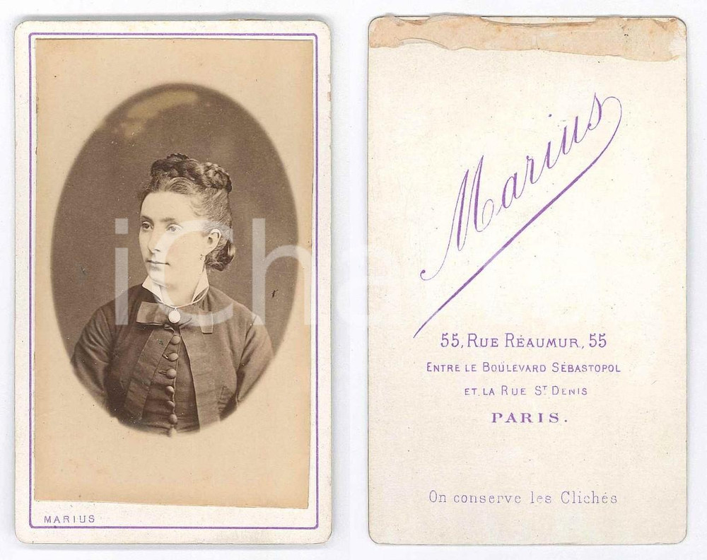 Fotografia d epoca originale 1875 ca PARIS Portrait de jeune femme  Photo MARIUS 6x10 cm 1