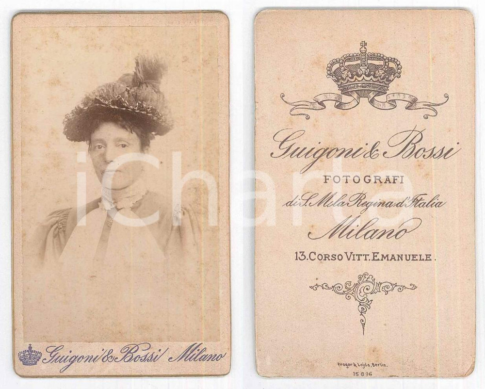 Fotografia d epoca originale 1900 ca MILANO Donna con cappello decorato  Foto GUIGONI & BOSSI CDV 1