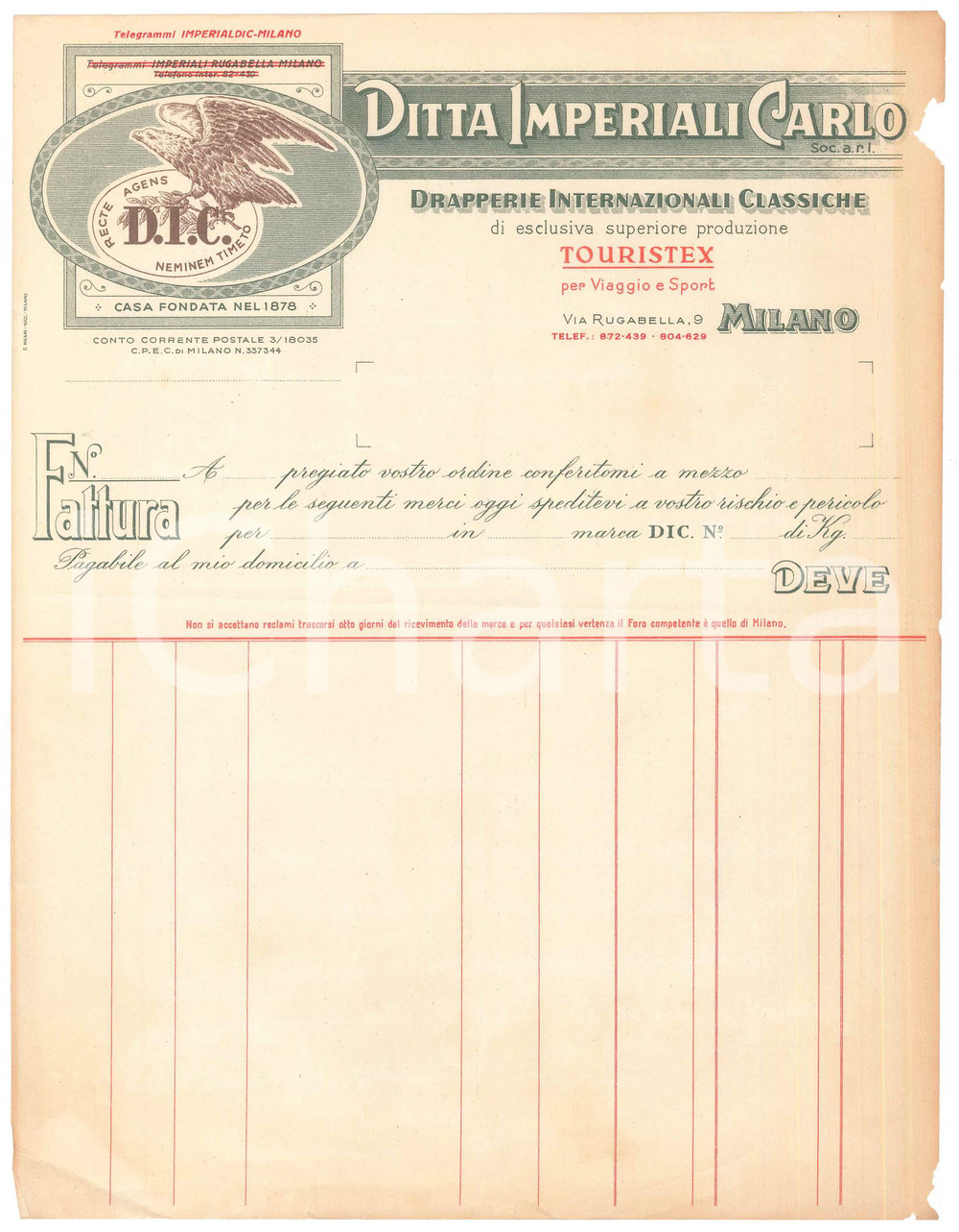 Documento originale, autentico 1910 ca MILANO via Rugabella 9  IMPERIALI Carlo  Drapperie  Carta intestata 1
