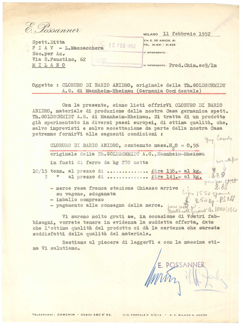 Documento originale, autentico 1952 MILANO via De Amicis 61  Ditta E. PASSANER  Lettera per cloruro di bario 1