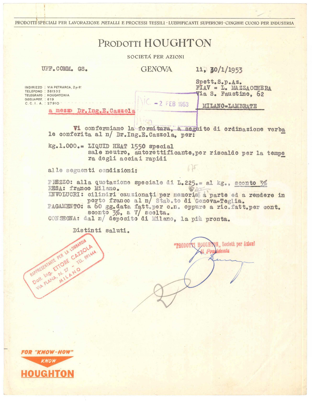 Documento originale, autentico 1953 GENOVA Via Petrarca 2  Prodotti HOUGHTON  Lettera fornitura sale 1