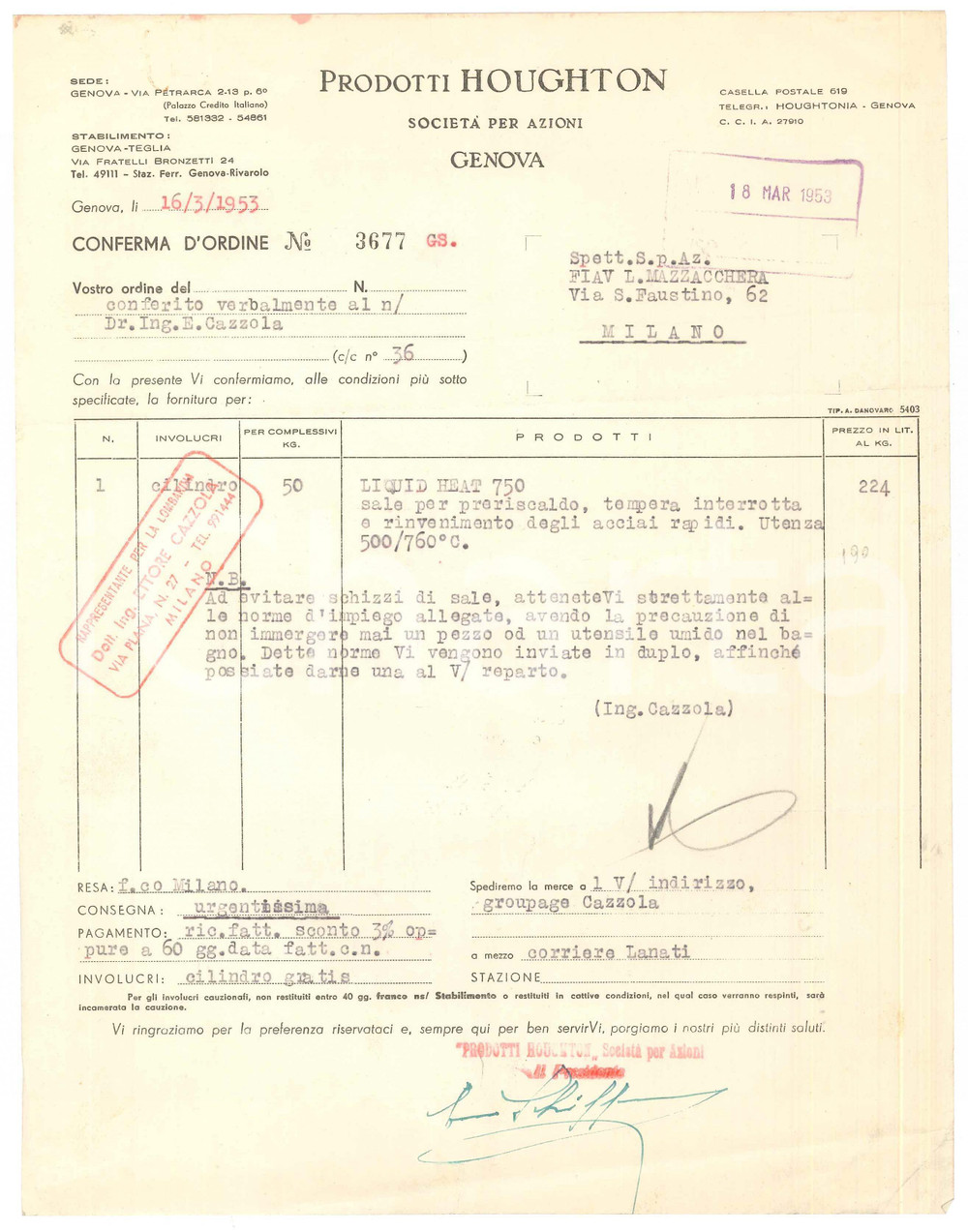 Documento originale, autentico 1953 GENOVA Via Petrarca 2  Prodotti HOUGHTON  Conferma d ordine sale 1