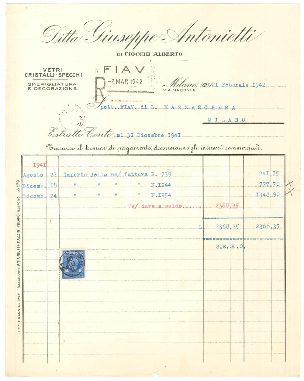 Documento originale, autentico 1942 MILANO Via Mazzini 2  Ditta Giuseppe ANTONIETTI Vetri  Estratto conto 1