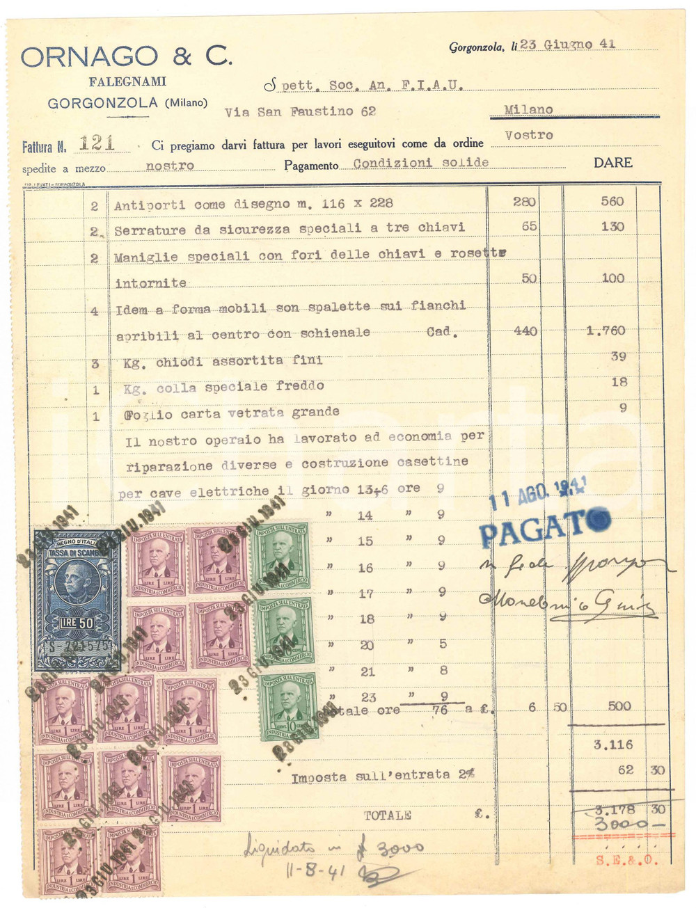 Documento originale, autentico 1941 GORGONZOLA MI ORNAGO & C Falegnami  Fattura intestata 1