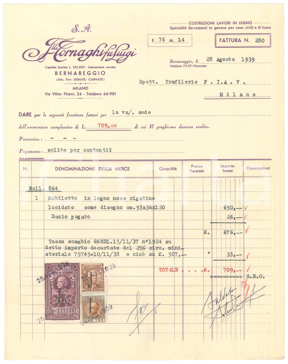 Documento originale, autentico 1939 BERNAREGGIO MB Lavori in legno  Fattura intestata per mobiletto 1