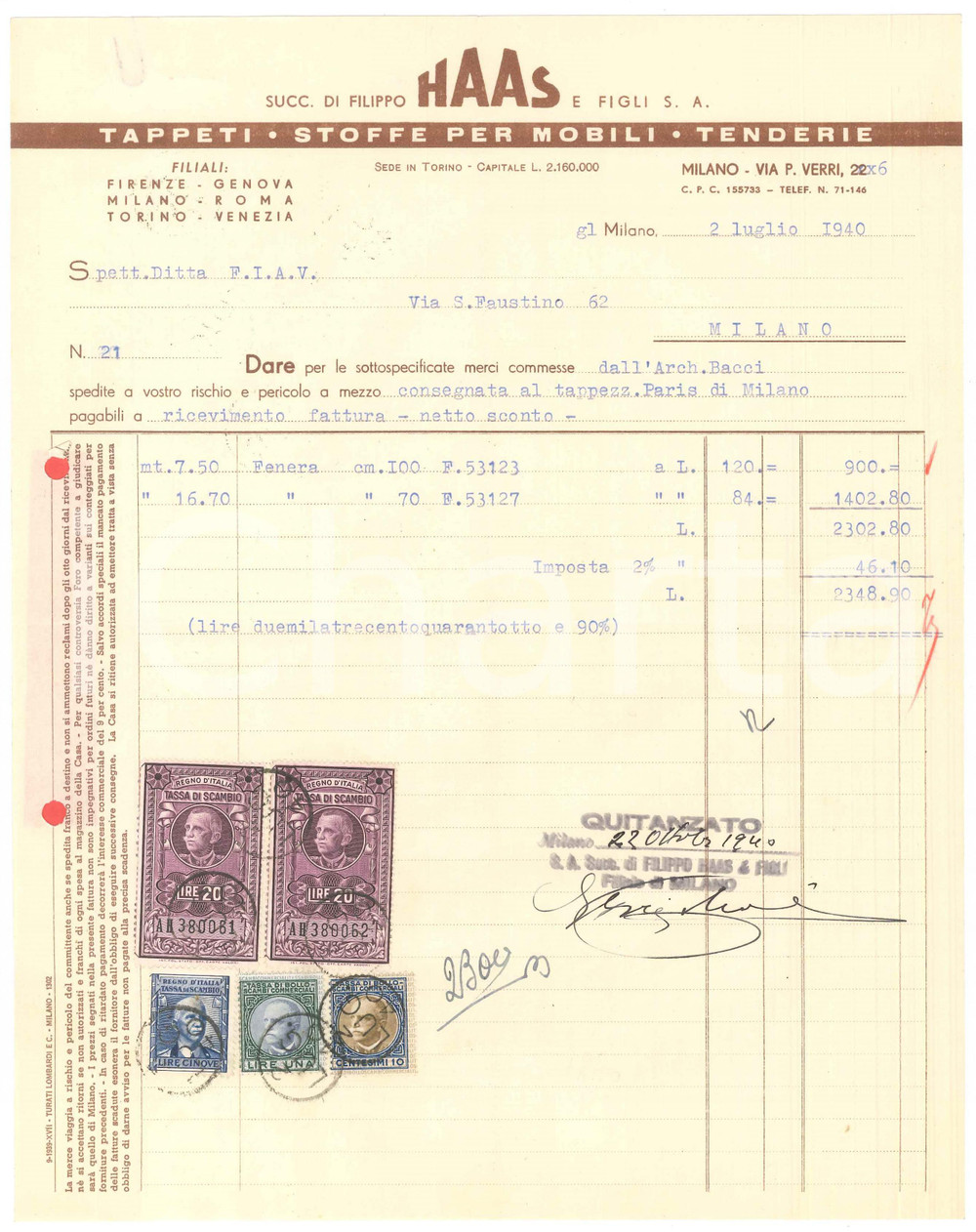 Documento originale, autentico 1940 MILANO Via P. Verri 6  Successori Filippo HAAS & Figli stoffe Fattura 1