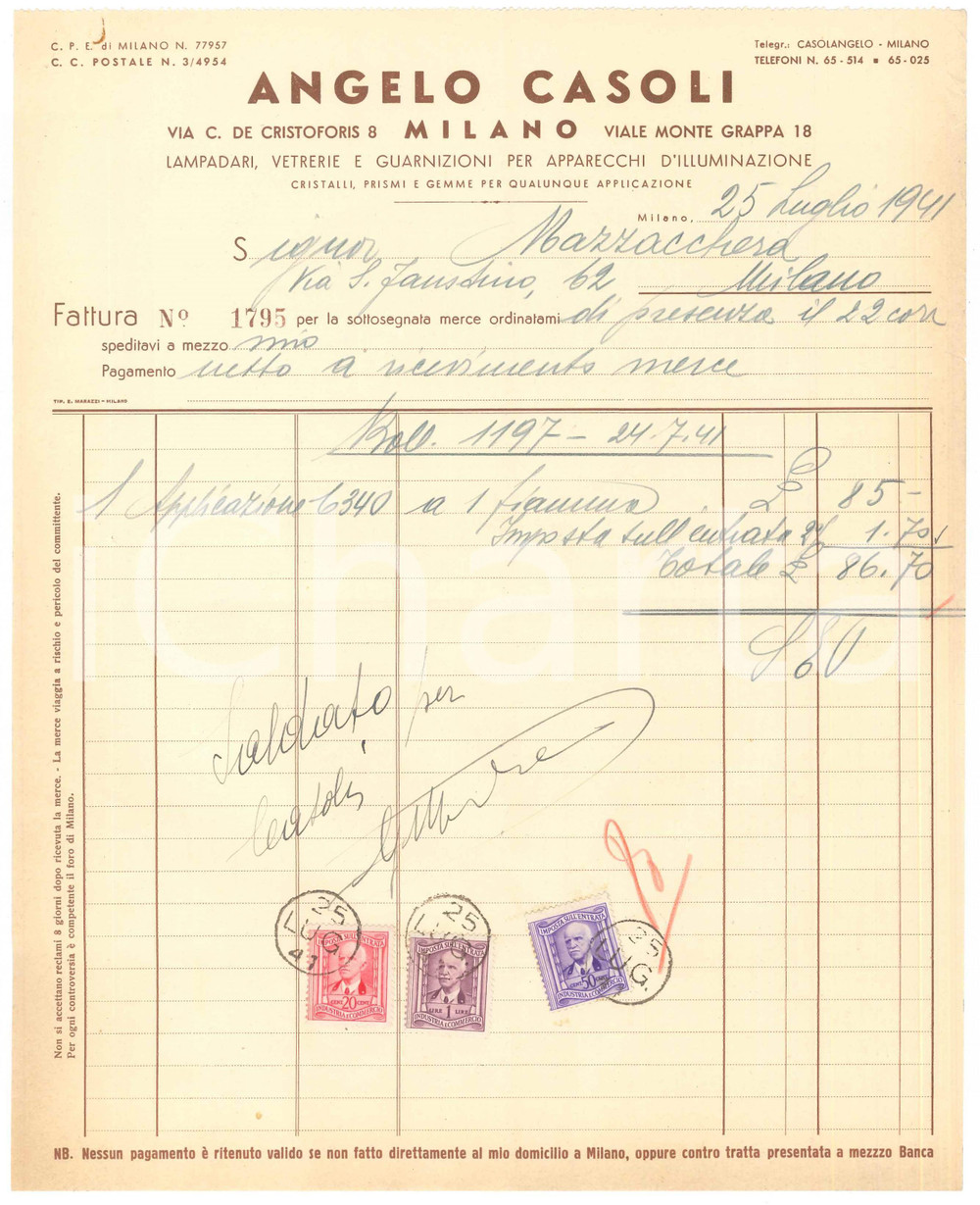 Documento originale, autentico 1941 MILANO Ditta Angelo CASOLI Lampadari e vetrerie  Fattura 1