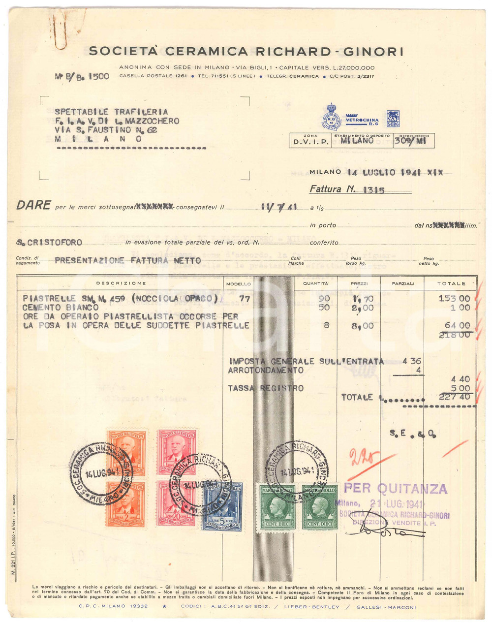 Documento originale, autentico 1941 MILANO via Bigli 1   SocietÃ  ceramica RICHARDGINORI  Fattura piastrelle 1