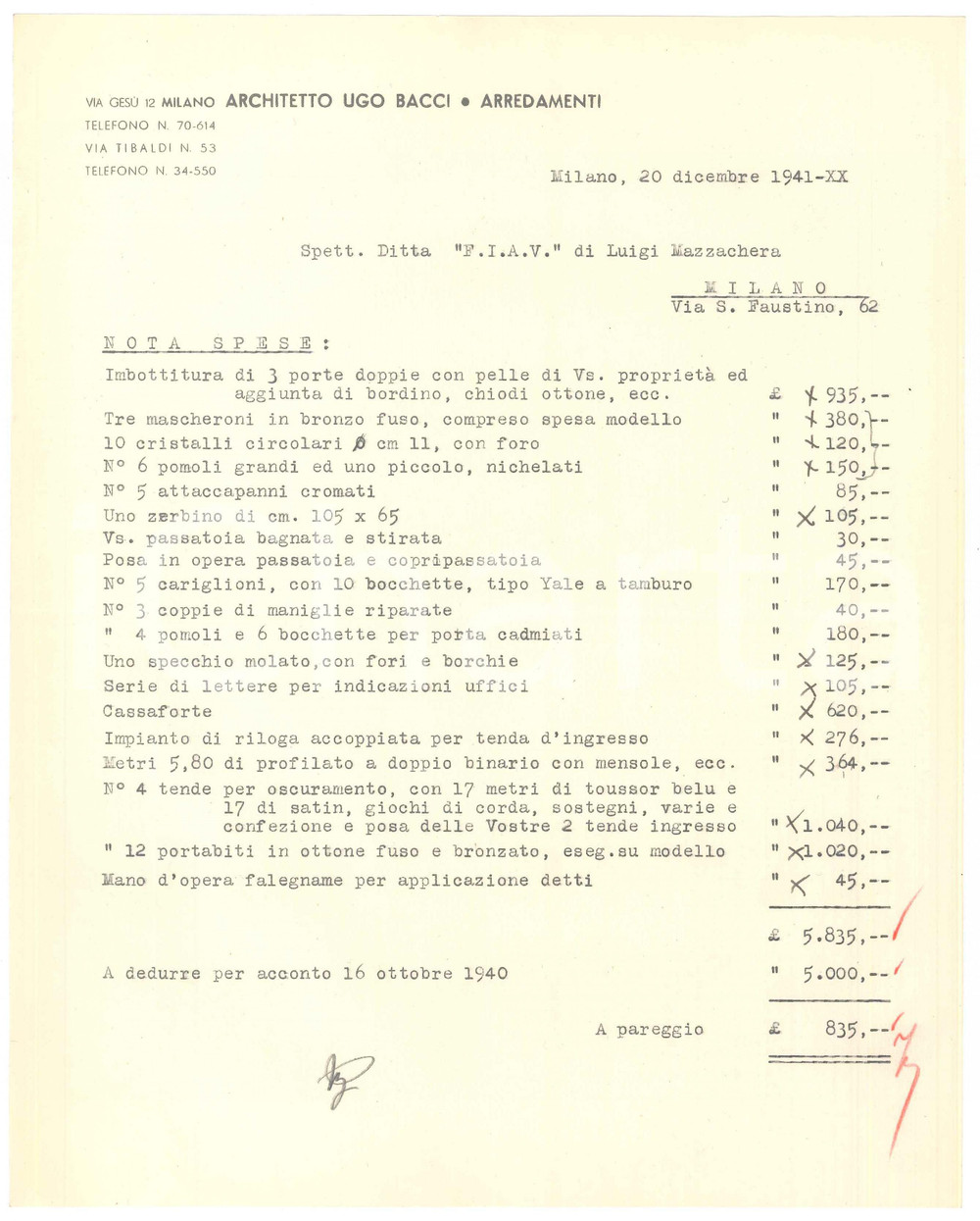Documento originale, autentico 1941 MILANO via Tibaldi 53  Architetto Ugo BACCI arredamenti Nota spese 1