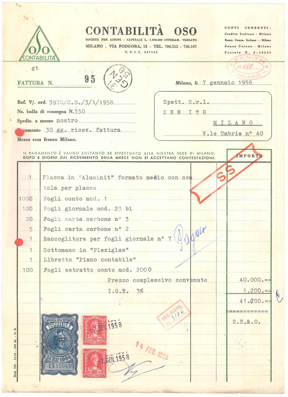 Documento originale, autentico 1958 MILANO Via Podgora 13  Contabilità OSO  Fattura intestata 3 1