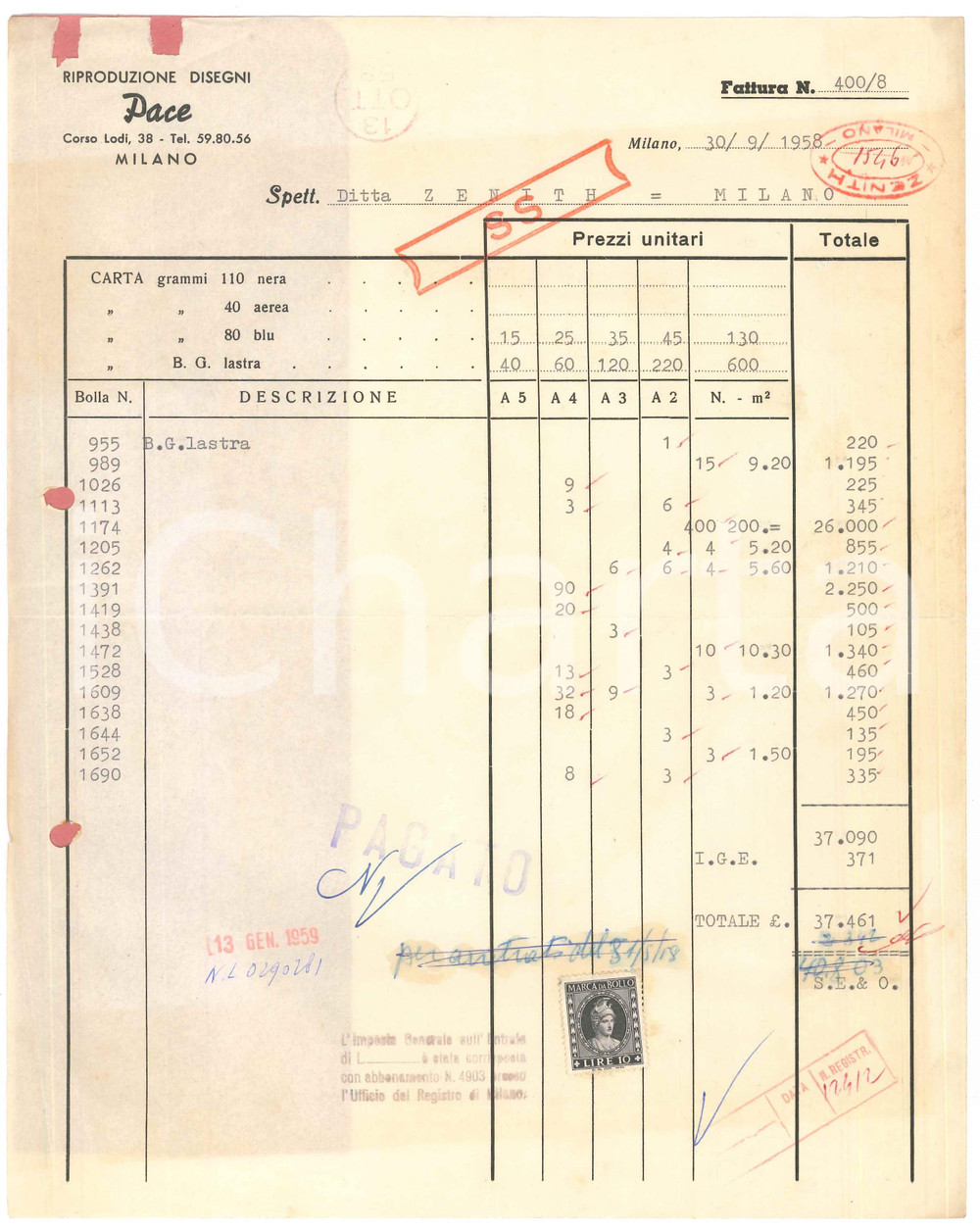 Documento originale, autentico 1958 MILANO Corso Lodi 38  Riproduzione disegni PACE  Fattura 1