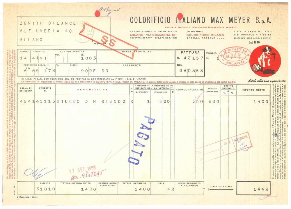 Documento originale, autentico 1958 MILANO Via Comasina 121  Colorificio Italiano MAX MEYER  Fattura 1