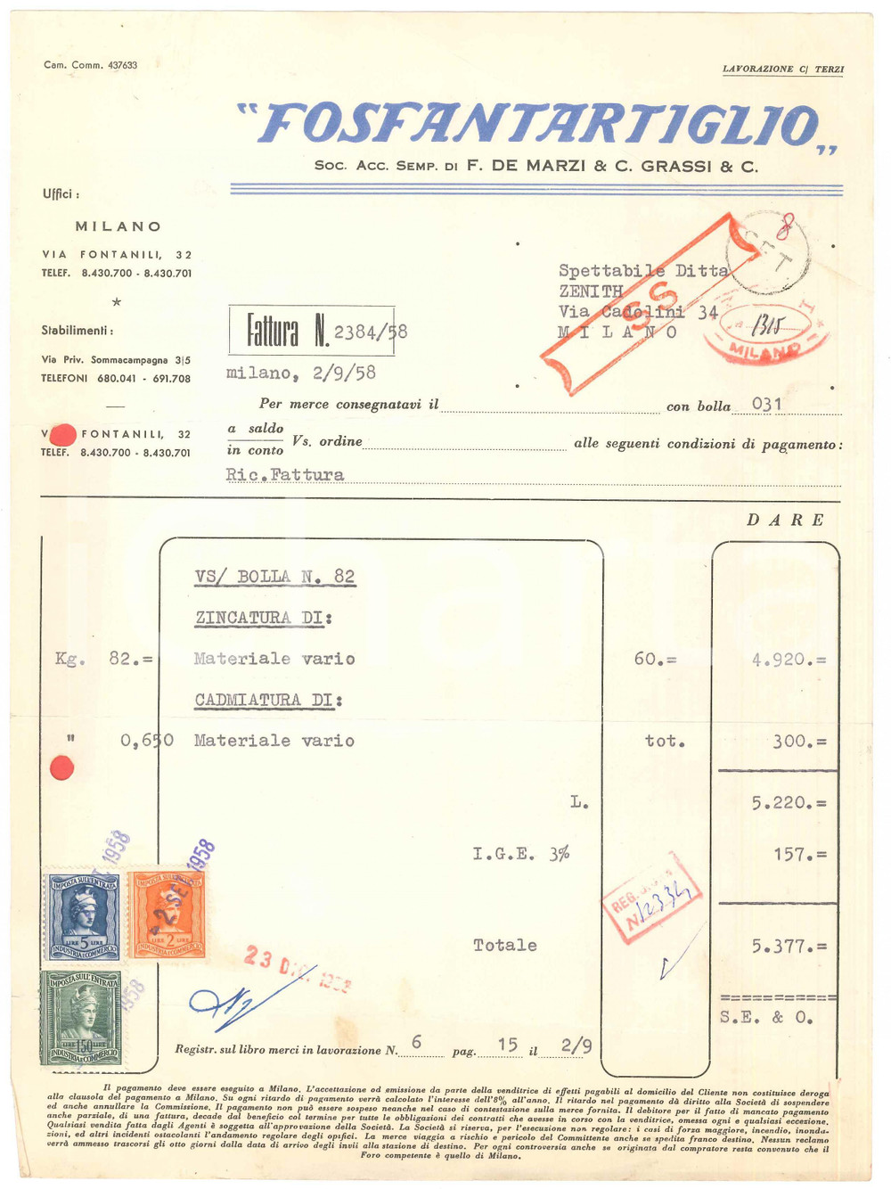 1958 MILANO Via Fontanili 32 - Soc. FOSFANTARTIGLIO *Fattura zincatura