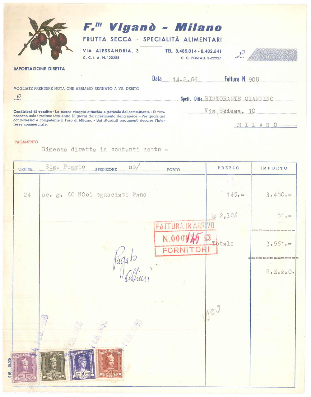 Documento originale, autentico 1966 MILANO Via Alessandria 3  F.lli VIGANO  Frutta secca Fattura 1