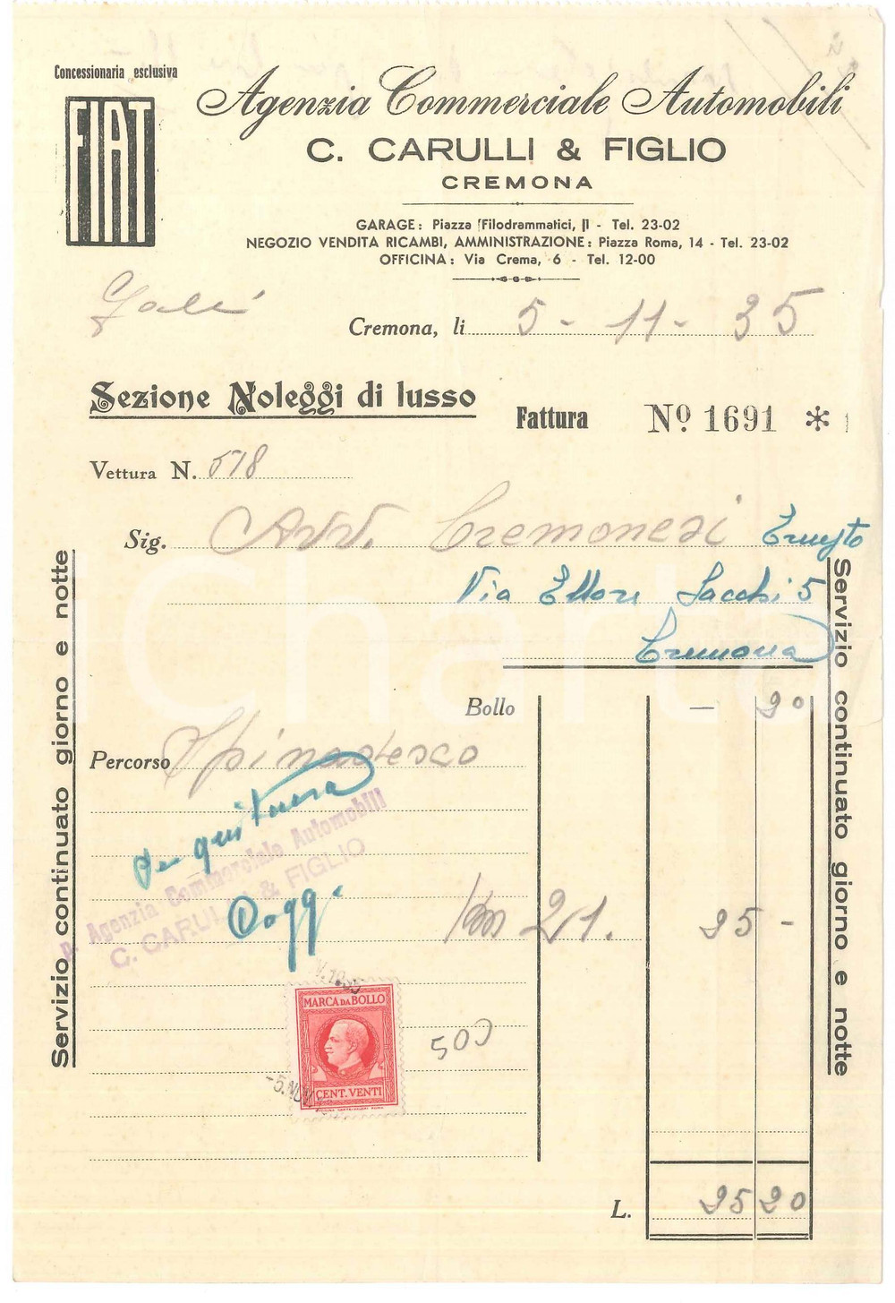 Documento originale, autentico 1935 CREMONA Agenzia Automobili C. CARULLI  Concessionaria FIAT Fattura 1