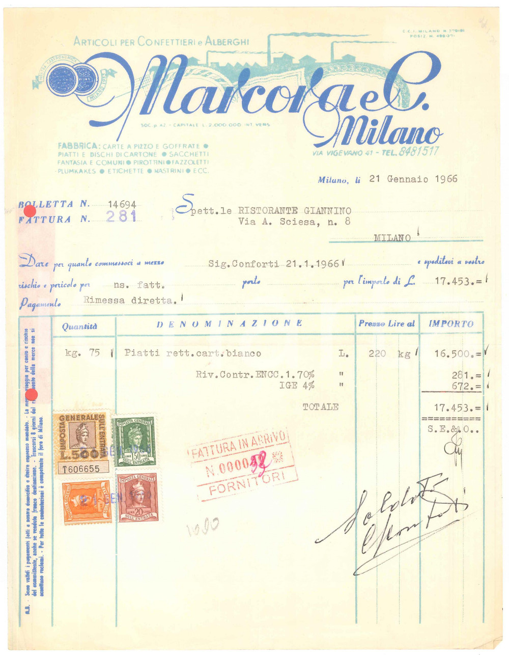 Documento originale, autentico 1966 MILANO via Vigevano  Ditta MARCORA  Articoli per confettieri Fattura 1