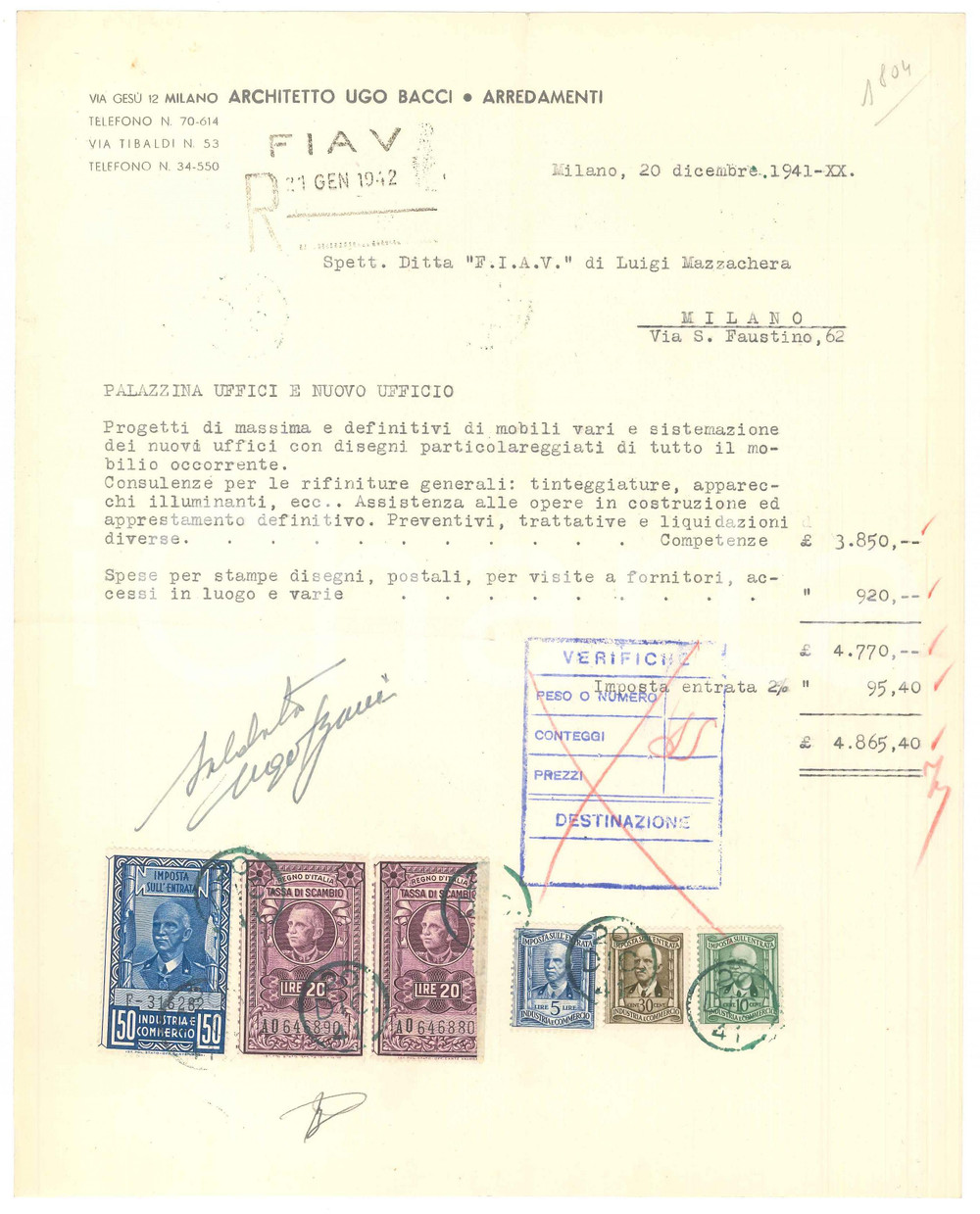 Documento originale, autentico 1941 MILANO via Tibaldi 53  Architetto Ugo BACCI arredamenti Fattura 1