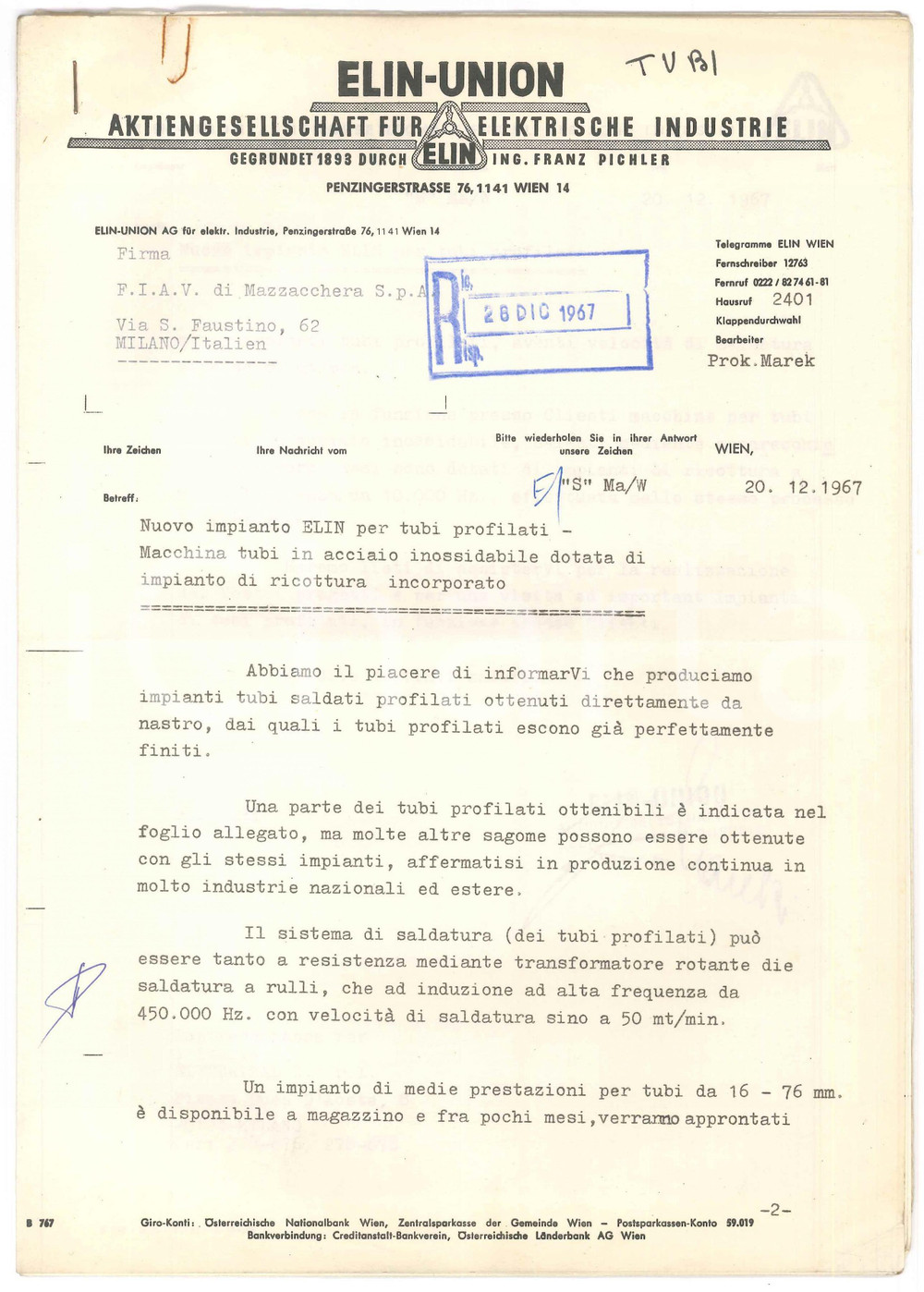 Documento originale, autentico 1967 WIEN ELINUNION Elektrische Industrie  Impianto tubi profilati Fascicolo 1
