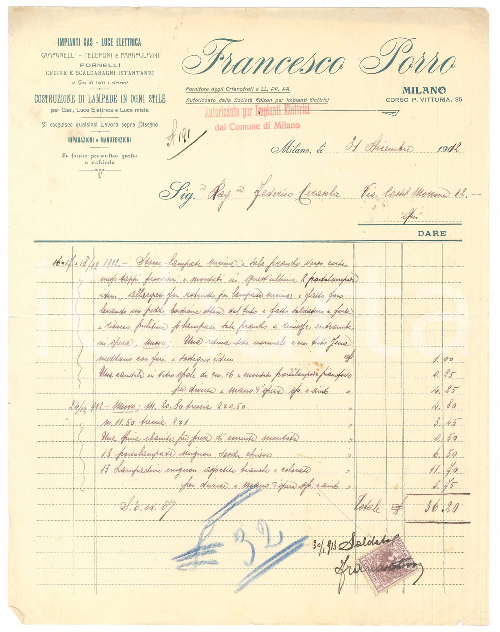 Documento originale, autentico 1912 MILANO corso Porta Vittoria 35  Francesco PORRO Ditta lampade Fattura 1