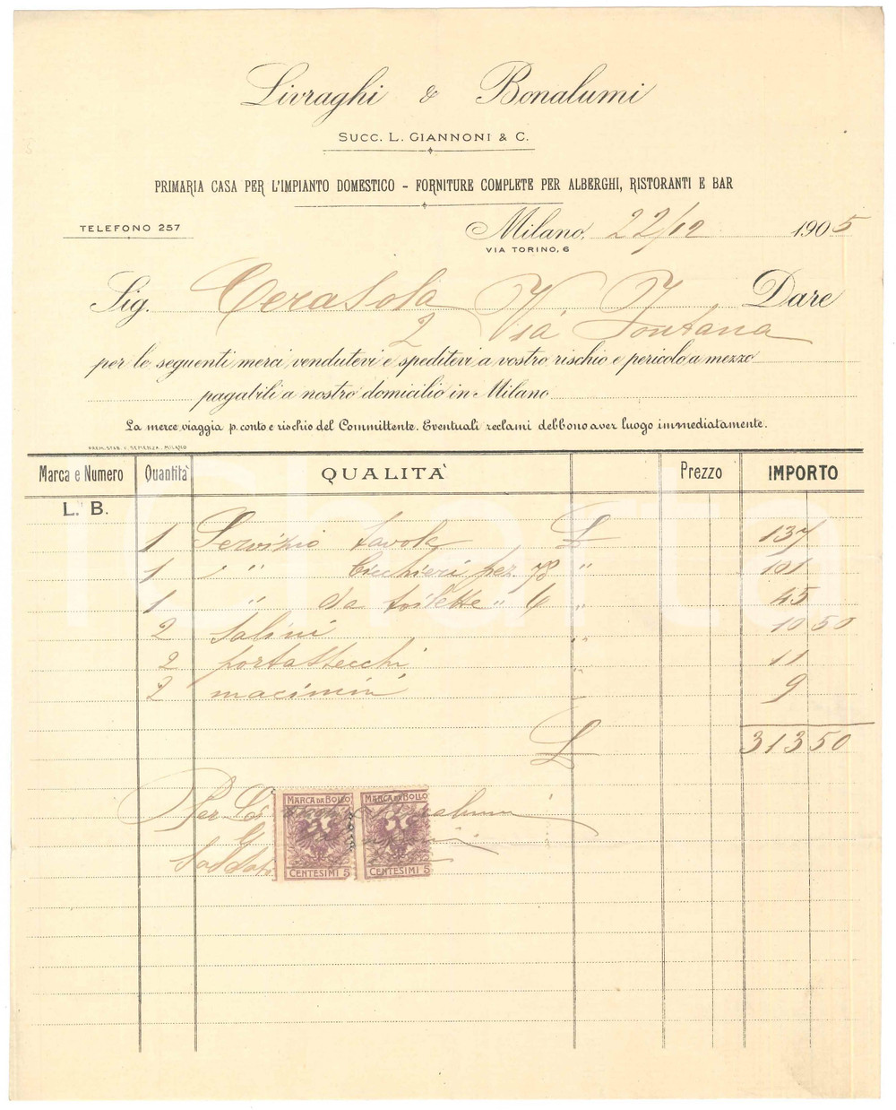 Documento originale, autentico 1905 MILANO via Torino  Ditta LIVRAGHI & BONALUMI  Impianto domestico Fattura 1