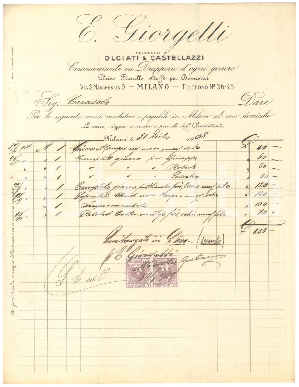 1908 MILANO Via S. Margherita 9 - E. GIORGETTI Drapperie e flanelle ^Fattura Fattura originale d'epoca, su carta intestata.PAGINE: 1 CONDIZIONI:GOOD/buono piegature d'epoca originale e autentica 1