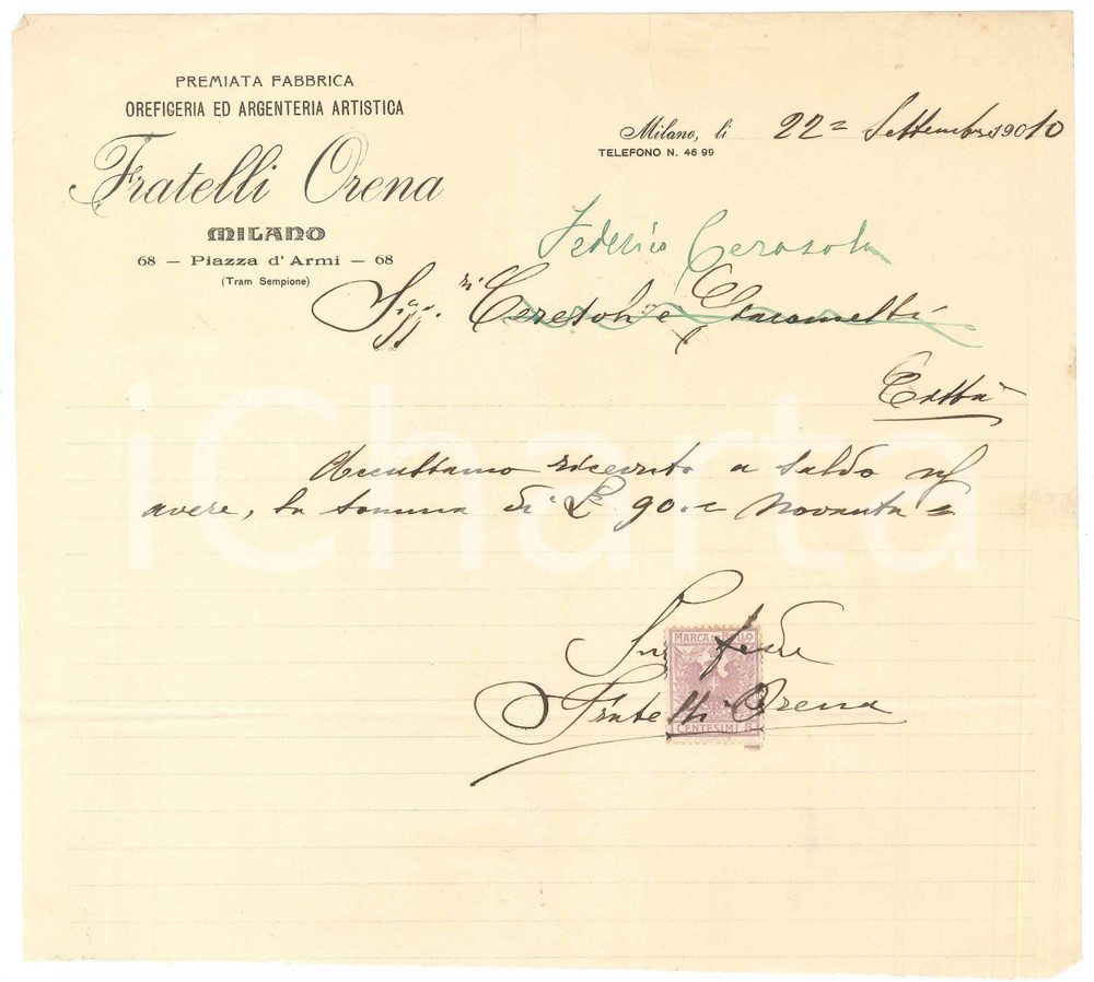 Documento originale, autentico 1910 MILANO Piazza d Armi 68  FRATELLI ORENA Oreficeria  Ricevuta manoscritta 1