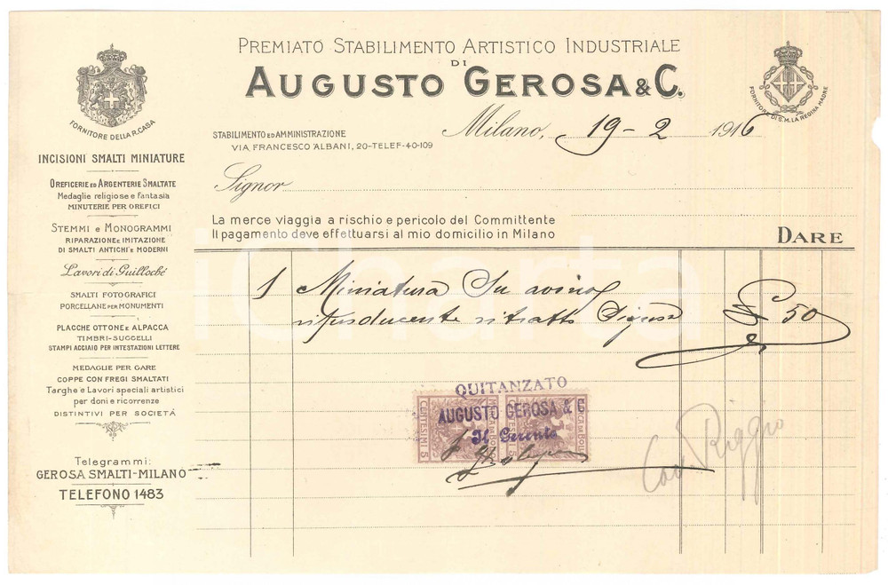 Documento originale, autentico 1916 MILANO via Albani 20  Augusto GEROSA & C.  Fattura per miniatura 1