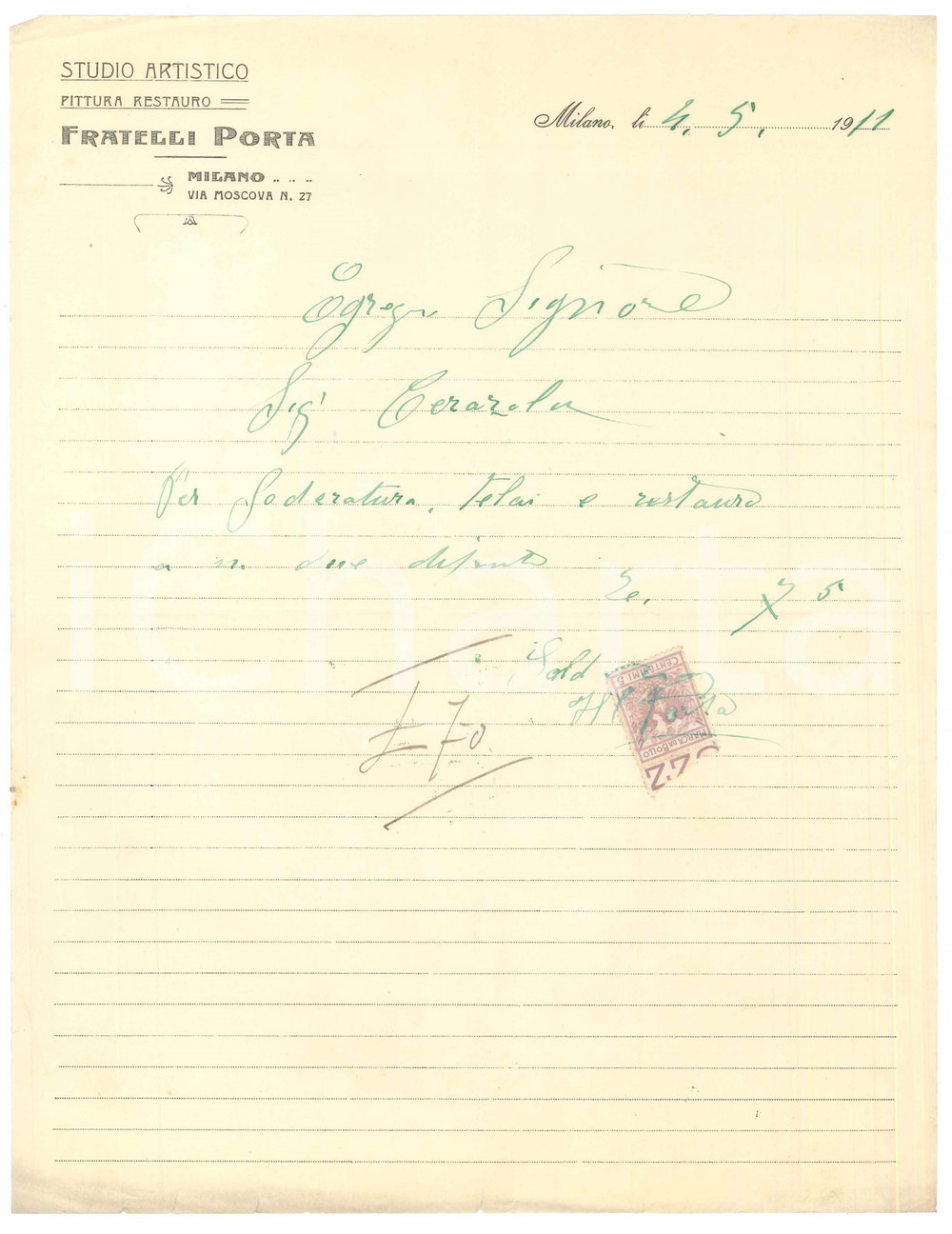 Documento originale, autentico 1911 MILANO Via Moscova 27  Fratelli PORTA Studio artistico restauro Conto 1
