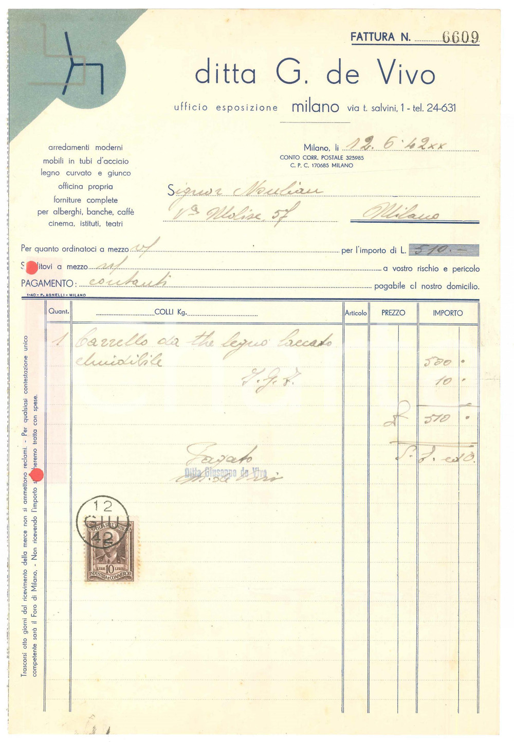 Documento originale, autentico 1942 MILANO Via T. Salvini 1  Ditta G. DE VIVO arredamenti Fattura carrello 1