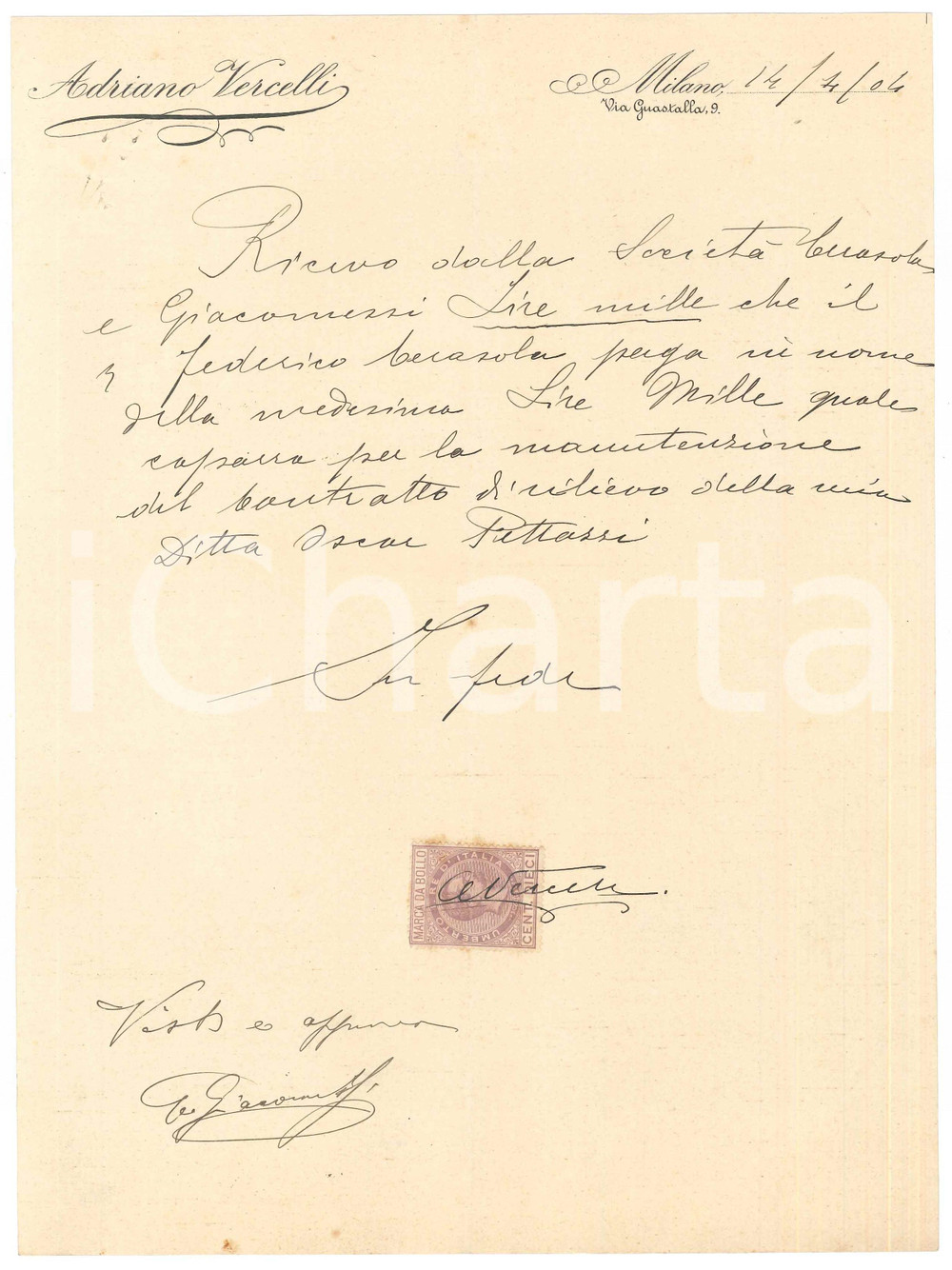 Documento originale, autentico 1904 MILANO Via Guastalla 9  Adriano VERCELLI  Ricevuta manoscritta 1