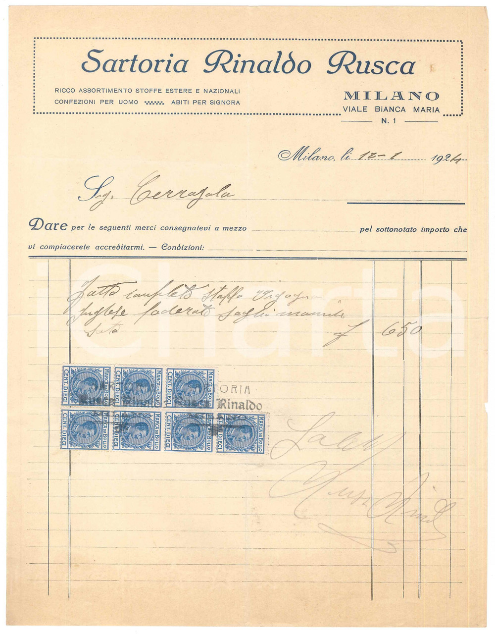 1924 MILANO via Bianca Maria 1 - Rinaldo RUSCA sartoria - Fattura