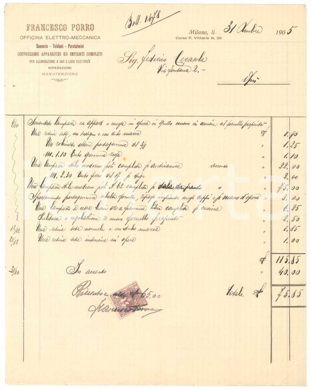 Documento originale, autentico 1905 MILANO corso Porta Vittoria 35  Francesco PORRO Officina  Fattura 1