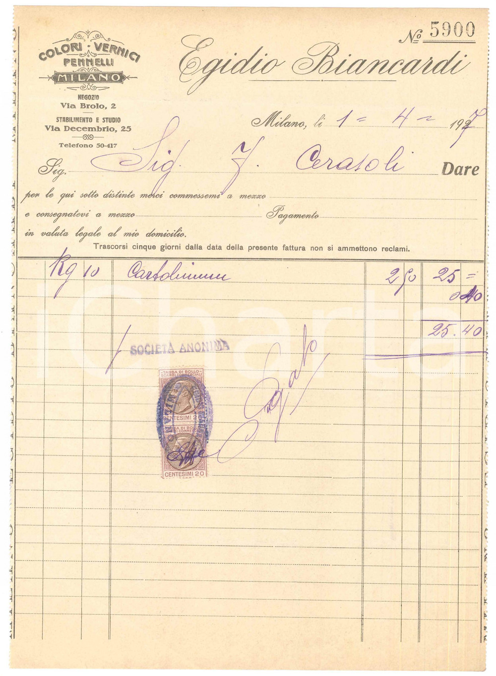 Documento originale, autentico 1927 MILANO via Decembrio 25  Egidio BIANCARDI colori e vernici  Fattura 1