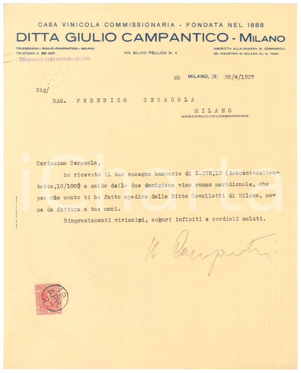 Documento originale, autentico 1927 MILANO via Silvio Pellico 4 Ditta Giulio CAMPANTICO casa vinicola  Lettera 1