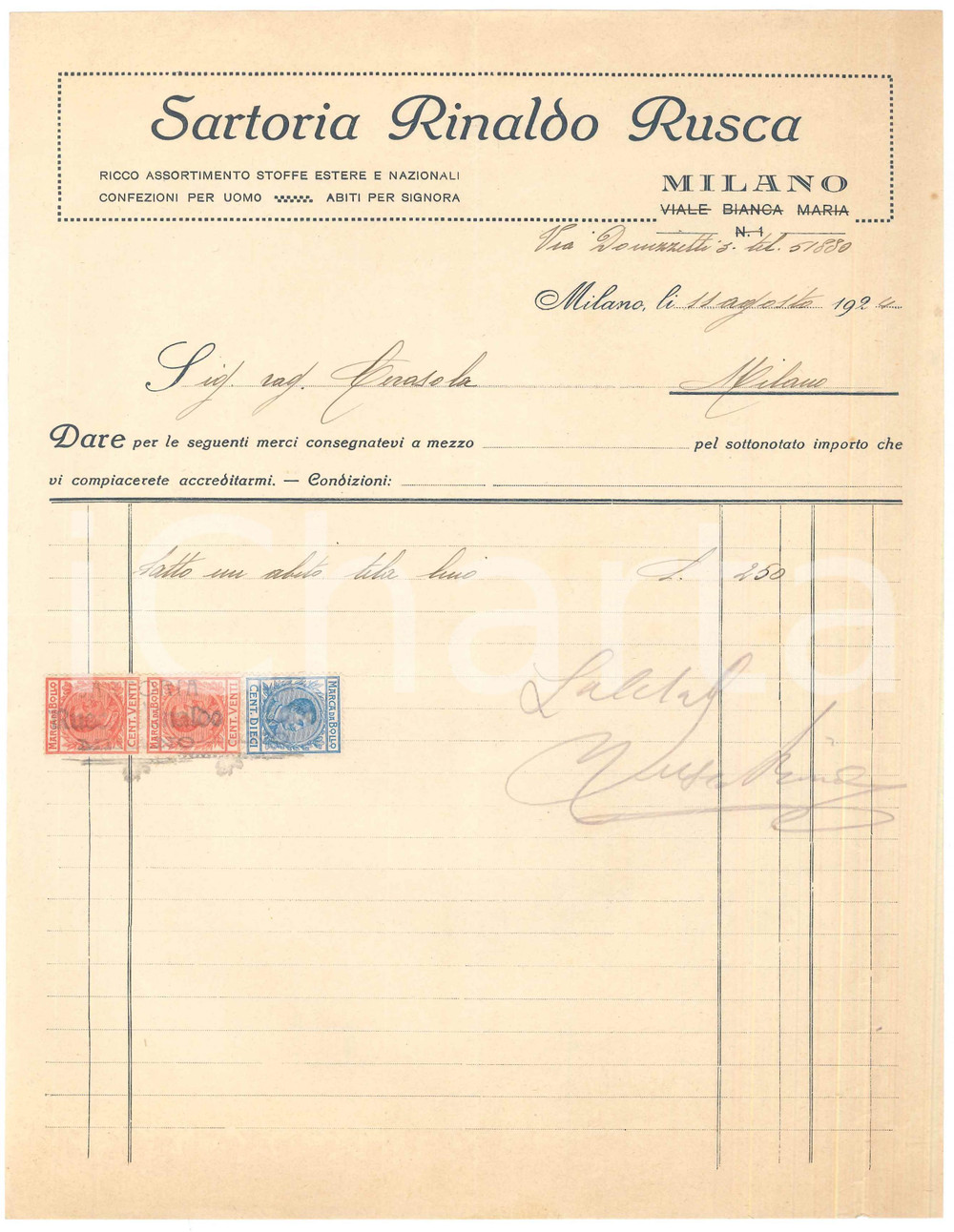 Documento originale, autentico 1924 MILANO Via Donizetti 3  Sartoria Rinaldo RUSCA Fattura per abito 1