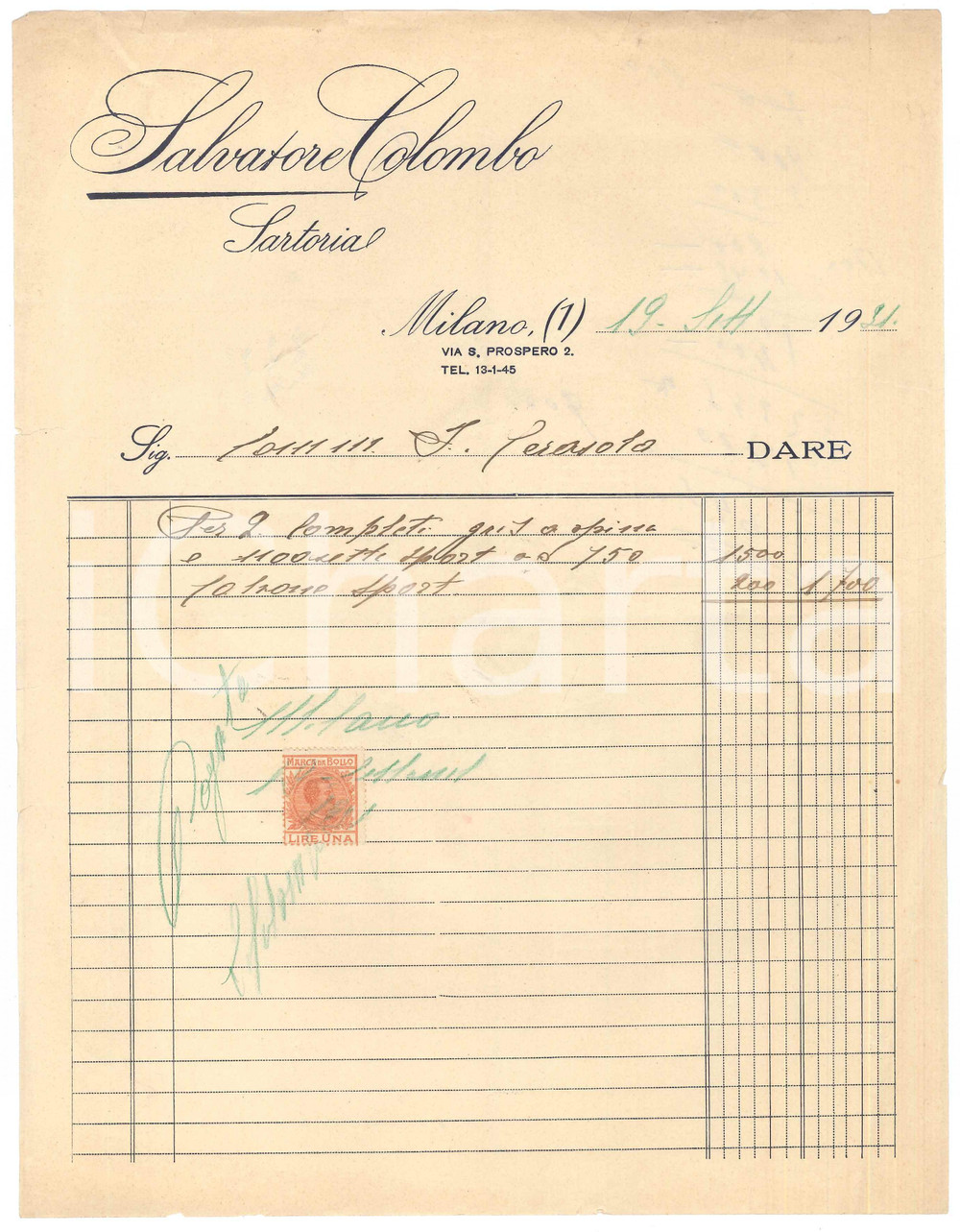 Documento originale, autentico 1931 MILANO via S. Prospero 2  Salvatore COLOMBO sartoria  Fattura completi 1