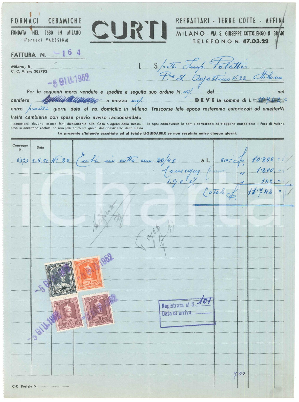 Documento originale, autentico 1952 MILANO Via Cottolengo 38  CURTI ceramiche Fattura intestata 1