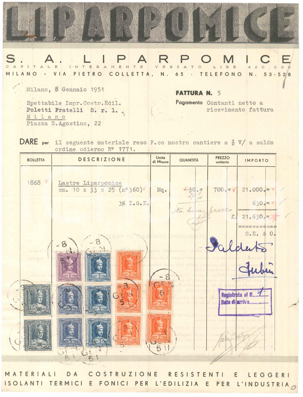 Documento originale, autentico 1951 MILANO Via Colletta 65  LIPARPOMICE S. A.  Fattura intestata lastre 1