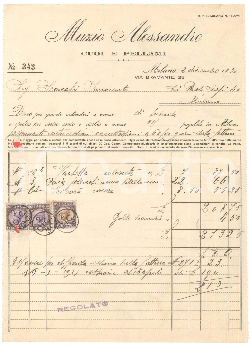 Documento originale, autentico 1930 MILANO Via Bramante 23  Alessandro MUZIO cuoi e pellami Fattura 1