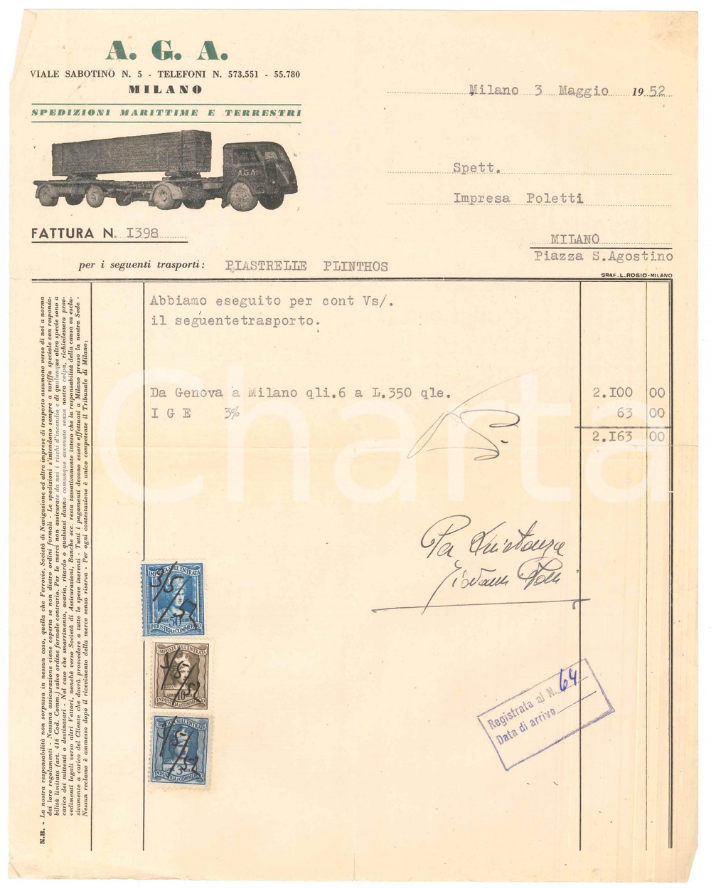 Documento originale, autentico 1952 MILANO Viale Sabotino 5  A.G.A. Spedizioni  Fattura trasporto piastrelle 1