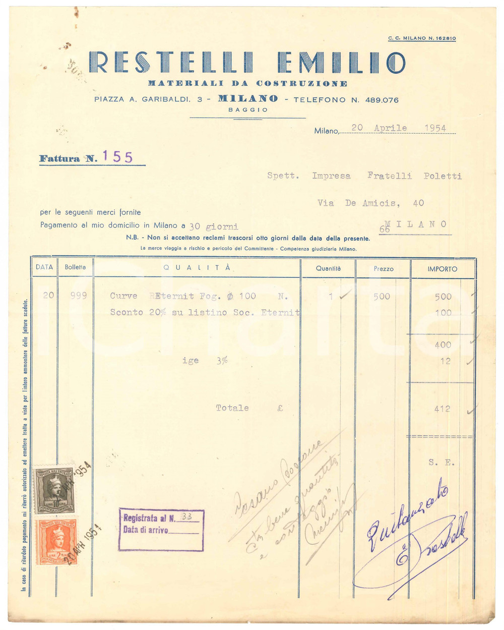 Documento originale, autentico 1954 MILANO Piazza Garibaldi 3 RESTELLI Emilio  Materiali costruzione Fattura 1