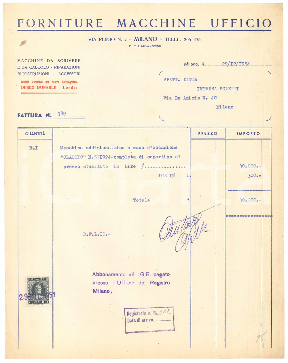 Documento originale, autentico 1954 MILANO Via Plinio 7 FORNITURE MACCHINE UFFICIO Fattura macchina da scrivere 1