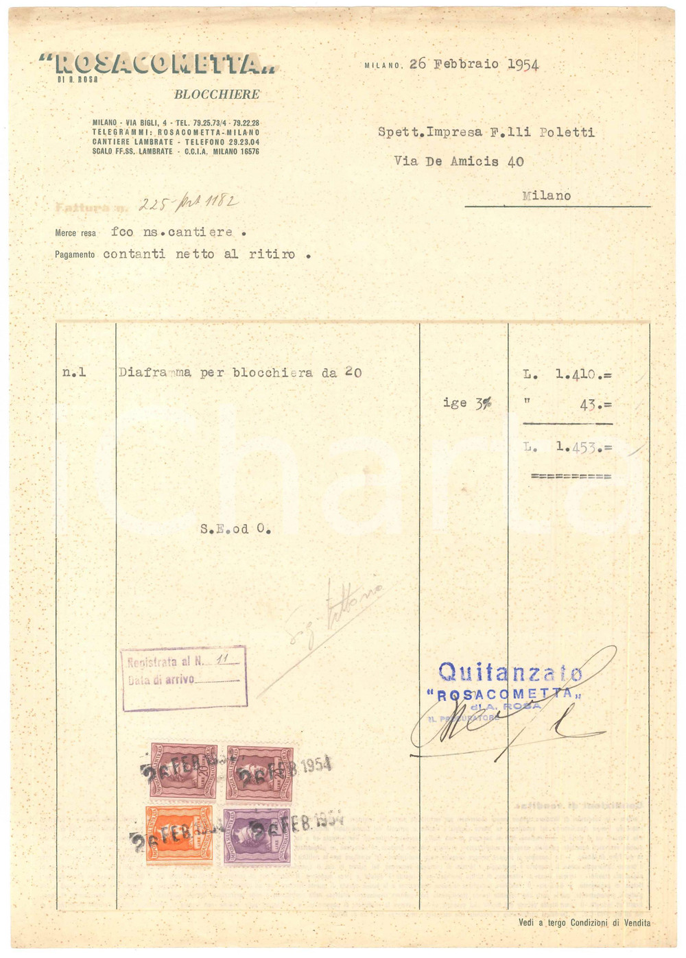 Documento originale, autentico 1954 MILANO Via Bigli 4  ROSACOMETTA blocchiere  Fattura 1